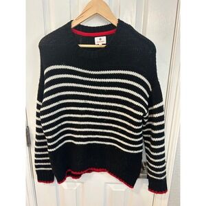 Sundry Wool Blend Striped Chunky Knit Sweater Black White Red Trim Size 0 XS